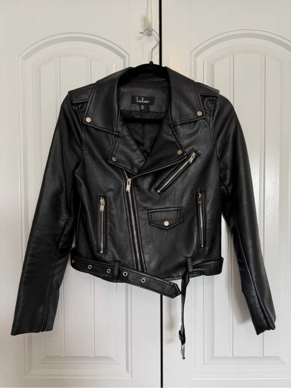 Lulus Full Throttle Black Vegan Leather Moto Jacket XS Biker Belted
